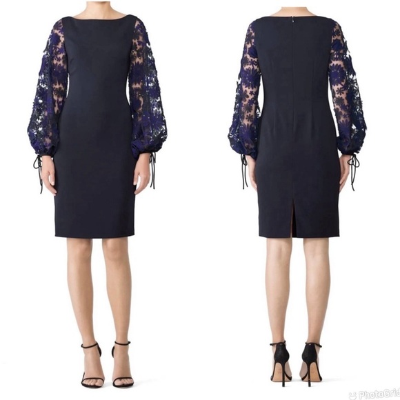 Badgley Mischka Navy and Royal Embroidered Sleeve Dress - Picture 1 of 7